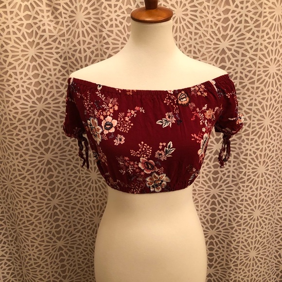 Full Tilt Tops - Full Tilt Red Floral Off The Shoulder Crop Top
